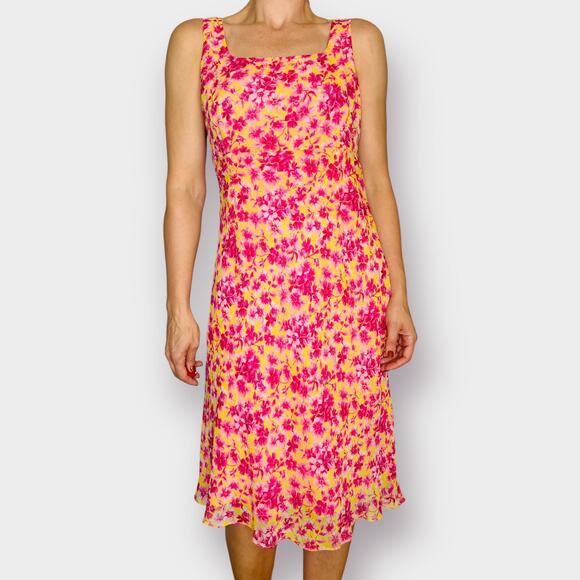 Y2K Bob Mackie Pink Yellow Floral Silk‎ Dress - Picture 6 of 7